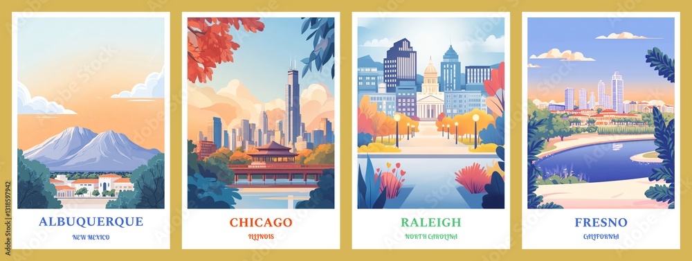 Fototapeta premium Set of 4 Fresno California, Albuquerque New Mexico, Raleigh North Carolina, Chicago Illinois Flat Illustration posters 2:3, travel print, wall digital art, citycapes, Home decor gift