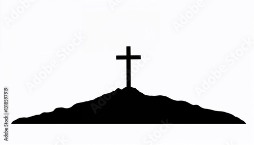 Silhouette of a cross on a hill against a white background