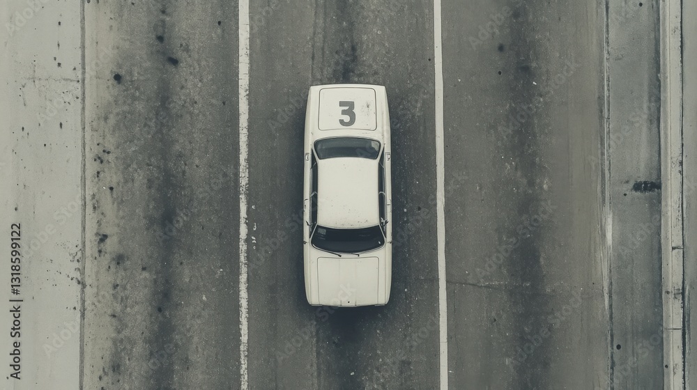 Aerial view of a vintage white car with number 3 on the roof driving on a highway.