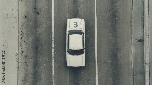 Obraz na płótnie Aerial view of a vintage white car with number 3 on the roof driving on a highway. w salonie