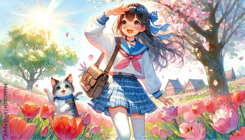 A watercolor painting of a cat and a girl.generated by AI.