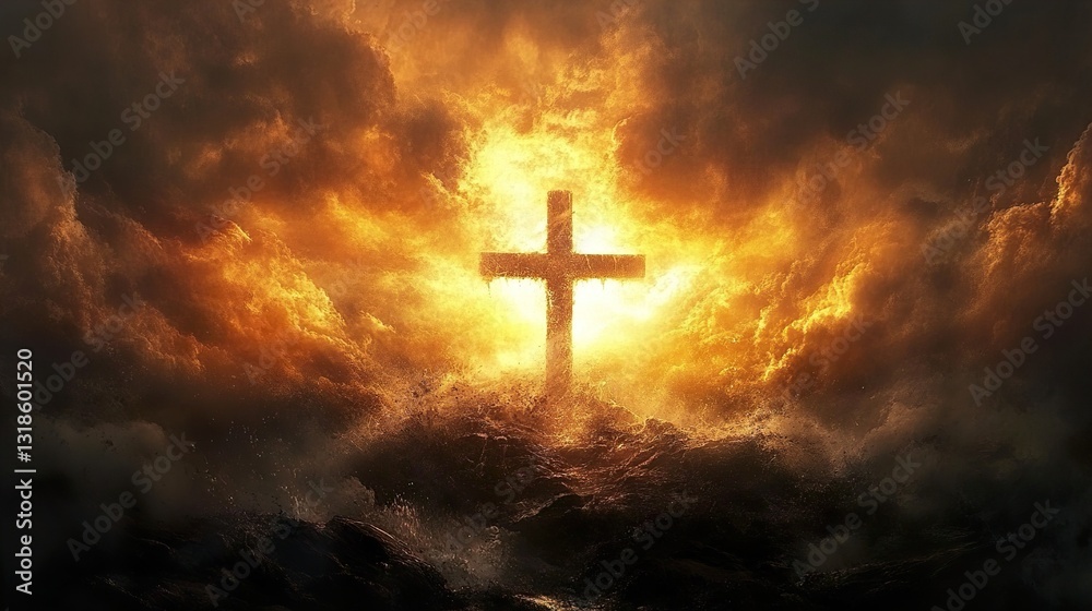 Fiery Cross in a Dramatic Sky: A Symbol of Faith Fiery Cross in a Dramatic Sky: A Symbol of Faith