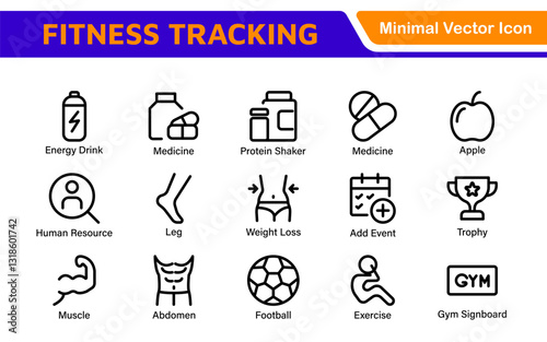 Fitness Tracking Exercise Icons – Modern Outline Symbol Set for Training and Performance Monitoring