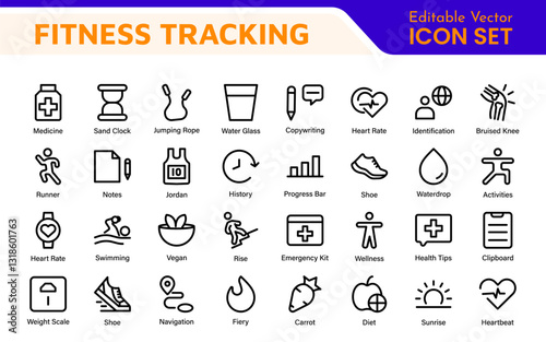 Fitness Tracking Exercise Icons – Modern Outline Symbol Set for Training and Performance Monitoring