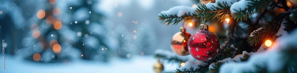 Obraz premium Glittering ornaments and baubles on a snow-covered tree, snow covered tree, icy landscape