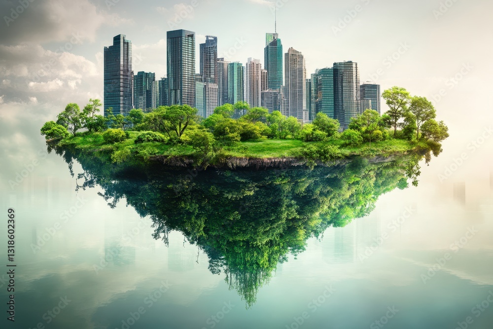 Fototapeta premium Floating urban island with skyscrapers and lush greenery in a tranquil atmosphere