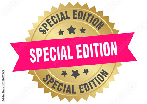 special edition. special edition round pink and gold label isolated on transparent background