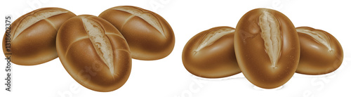 Three freshly baked bread rolls with a golden crust, transparant background