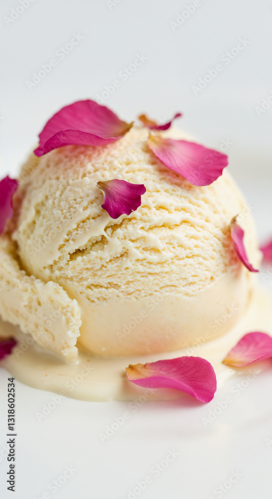 Melting Vanilla Ice Cream Scoop Decorated with Rose Petals, against a White Background Melting Vanilla Ice Cream Scoop Decorated with Rose Petals, against a White Background