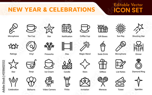 New Year and Celebration Icon Set. A festive collection of vibrant icons designed to enhance celebrations, perfect for party invitations, event promotions, and holiday-themed projects.