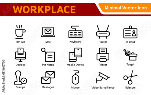 Workplace web icons in line style. Employ, conference, project, document, business, work, support, contact us, productivity strategy, collection.