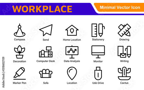 Workplace web icons in line style. Employ, conference, project, document, business, work, support, contact us, productivity strategy, collection.