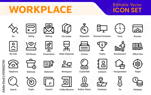 Workplace web icons in line style. Employ, conference, project, document, business, work, support, contact us, productivity strategy, collection.