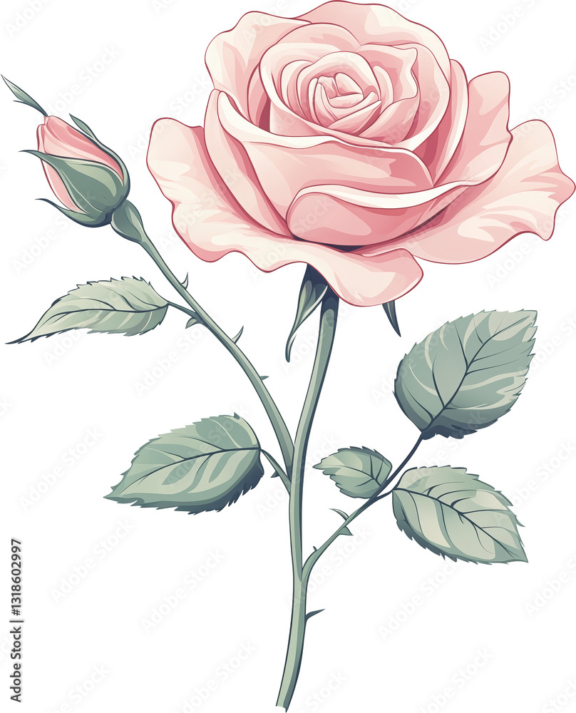 Fototapeta premium pink rose with delicate petals and soft gradients. A slender green stem with sharp thorns. Several leaves with visible veins. One closed bud near the main flower. Isolated PNG with no background.