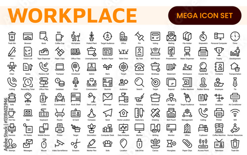 Workplace web icons in line style. Employ, conference, project, document, business, work, support, contact us, productivity strategy, collection.