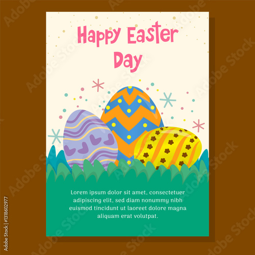 Easter greeting card with colorful decorated eggs in grass, festive sparks, and Happy Easter Day text. Ideal for holiday celebrations, invitations, and seasonal designs.