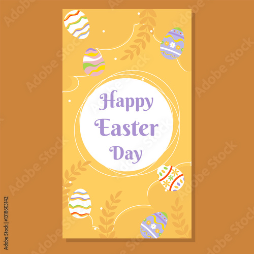 Festive Easter card with a warm yellow background, decorated with colorful eggs and botanical elements. Features Happy Easter Day in elegant typography. Ideal for holiday greetings and invitations.