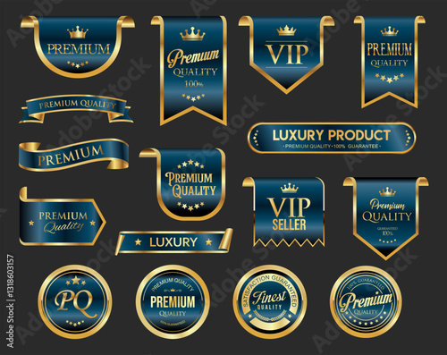 VIP, premium and gold award emblem blue and gold isolated on black background