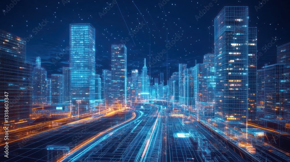 Fototapeta premium Futuristic Cityscape: A Digital Metropolis at Night