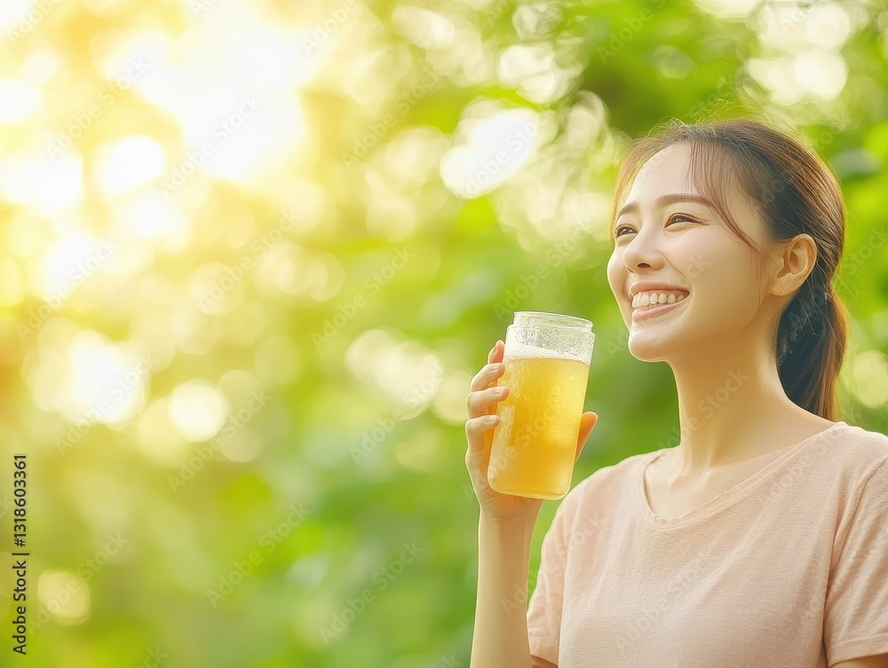Joyful woman enjoying a refreshing glass of orange juice while relaxing and savoring the moment of pure bliss Joyful woman enjoying a refreshing glass of orange juice while relaxing and savoring the moment of pure bliss