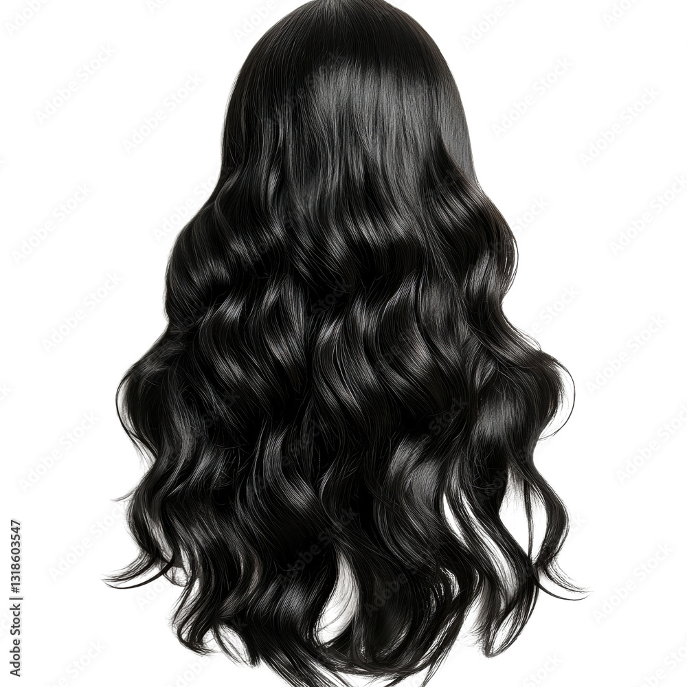 Naklejka premium Realistic long black wavy hair png, glossy dark hairstyle illustration, beauty salon wig hairpiece design element isolated on Transparent Background