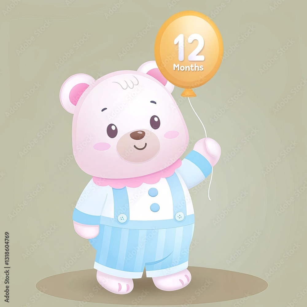 Birthday animal baby monthly Milestone concept, Cute cartoon bear holding a balloon marked Birthday animal baby monthly Milestone concept, Cute cartoon bear holding a balloon marked