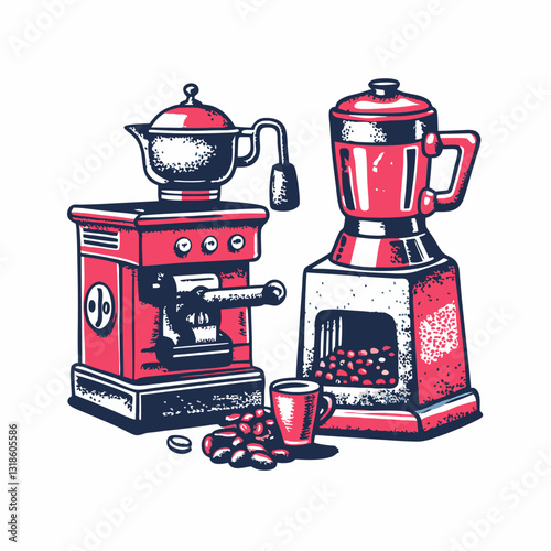 Hand drawn coffee machines images on white background. Vintage style. Vector illustration.