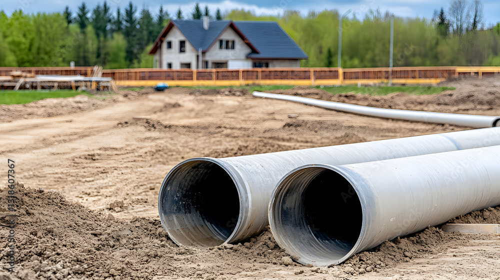Sewage pipe installation at a construction site with a deep trench and exposed soil, symbolizing infrastructure development and urban planning.
Sewage pipe installation at a construction site with a deep trench and exposed soil, symbolizing infrastructure development and urban planning.
