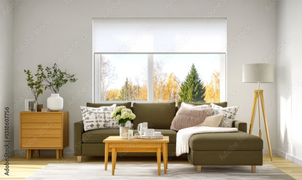 Modern living room with autumn view and cozy decor in bright natural light Modern living room with autumn view and cozy decor in bright natural light