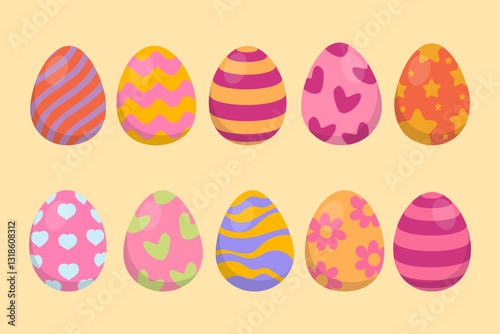 Set of ten colorful Easter eggs with various patterns, including stripes, stars, hearts, waves, and flowers. Perfect for festive decorations, greeting cards, and digital artwork.