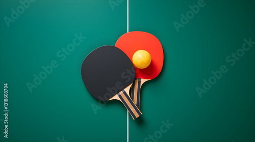 Two ping pong paddles and ball resting on green table