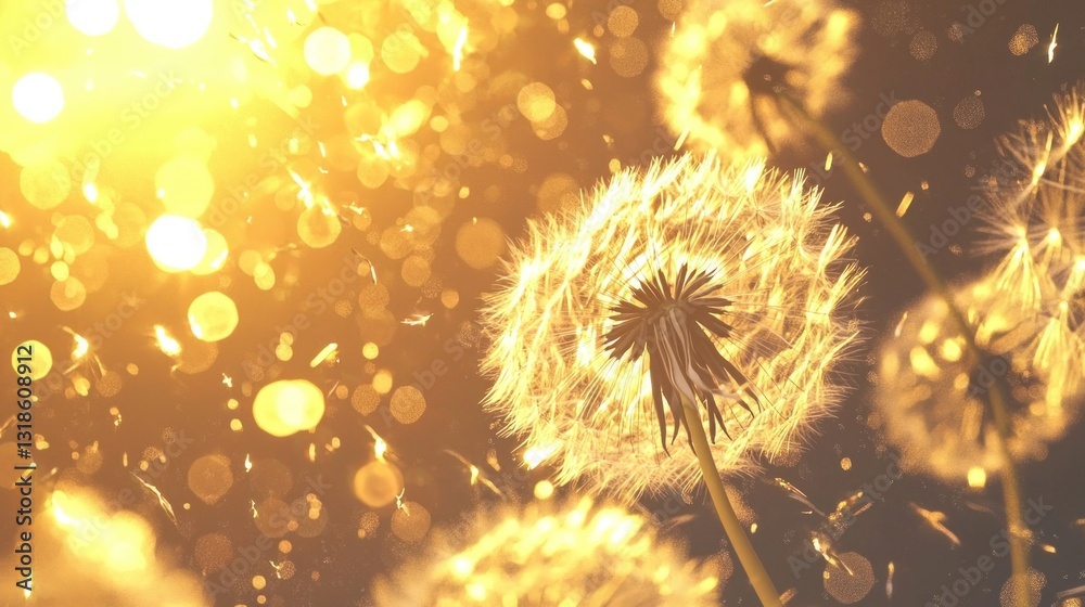 Obraz premium Dandelions glow with bokeh, seeds adrift. Golden light shines