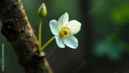 Small white anemone blooms on rotting branch stem, decay, rotten wood, tree branch