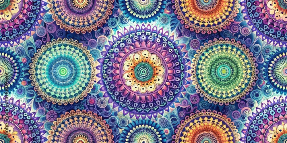 A vibrant pattern of layered and detailed circular designs with swirling floral accents and a rainbow of colors. A vibrant pattern of layered and detailed circular designs with swirling floral accents and a rainbow of colors.
