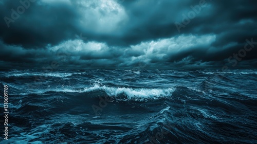 Fototapeta Naklejka Na Ścianę i Meble -  horror black blue sky, sea haunted cloud, scary ocean, depression background, mystery gloomy dark theme, 