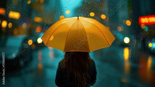 Wallpaper Mural Rainy city day Person under orange umbrella, blurred lights, water droplets Torontodigital.ca