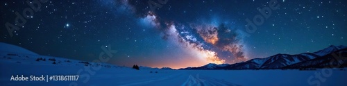 Glittering starry night sky with golden stars shining bright in the darkness, dark night, snowy scene