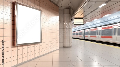 Empty subway station with a train approaching.