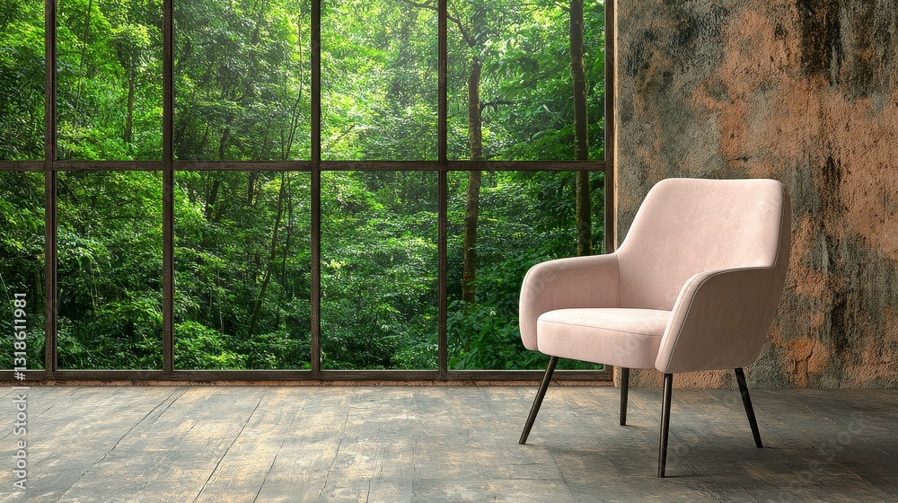 Pink Armchair in Rustic Room with Green View Pink Armchair in Rustic Room with Green View