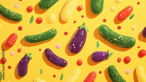 Colorful organic vegetables like cucumbers, radishes, and eggplants scattered across a bold yellow surface, creating a fresh and healthy visual.