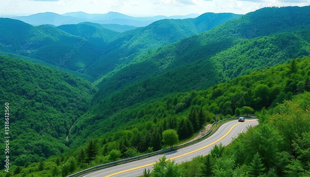 Fototapeta premium West Virginia mountain road curves through lush green hills, scenic overlook, nature photography, foliage