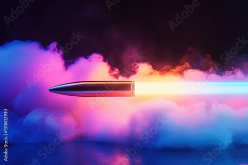 Colorful rocket launch with vibrant smoke and propellant effects in a dark setting