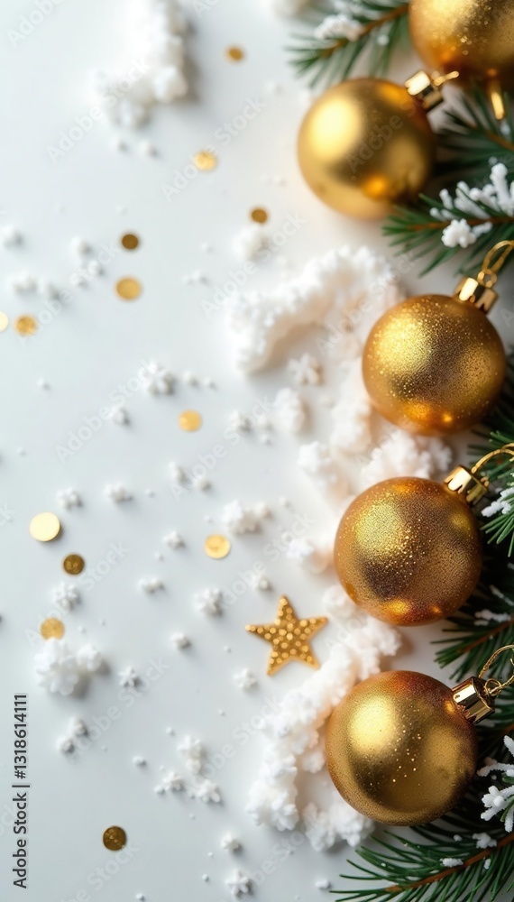 Glittering golden ornaments scattered on a snowy white background, Winter Wonderland, Christmas Decor, Sparkly Details Glittering golden ornaments scattered on a snowy white background, Winter Wonderland, Christmas Decor, Sparkly Details