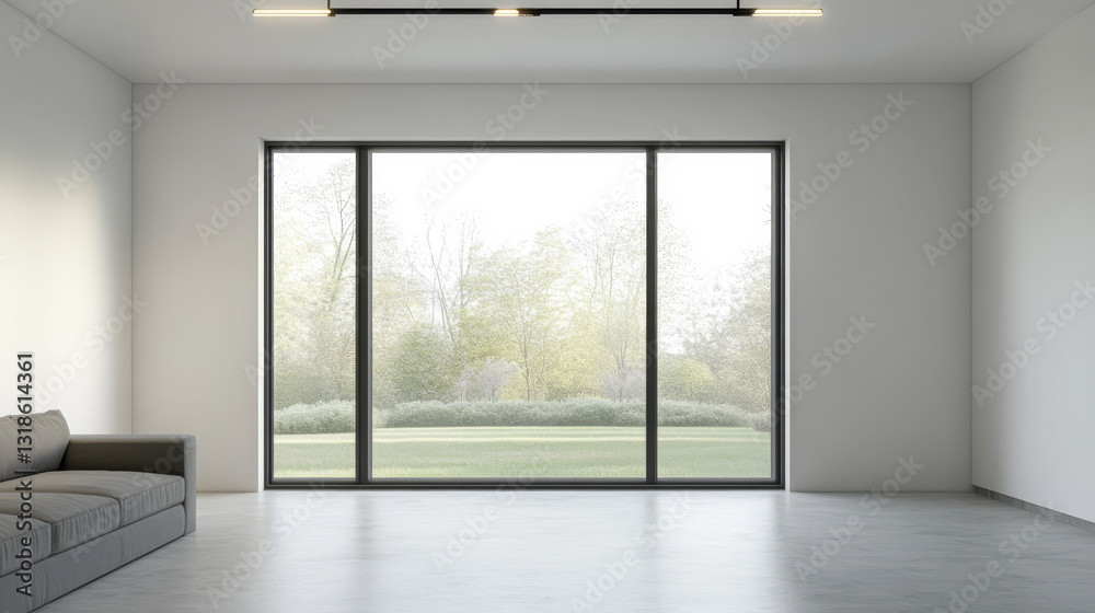 Fototapeta premium Modern empty living room with large windows overlooking a serene garden view