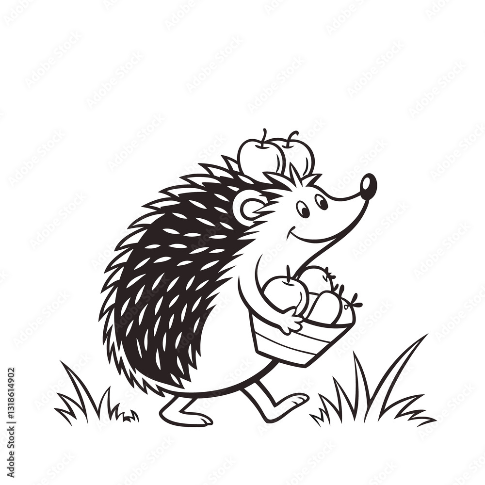 Obraz premium Cute Hedgehog Carrying Apples – Black and White Coloring Page, Happy Hedgehog with Apples Outline Cute Woodland Hedgehog Coloring Page for Coloring book Simple Hedgehog Sketch for Kids 