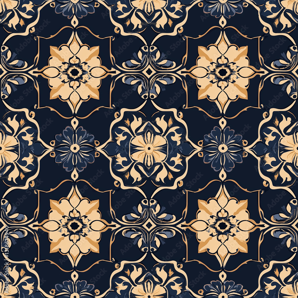 Seamless pattern of Intricate floral pattern in navy and beige tones, perfect for textiles or wallpaper. Seamless pattern of Intricate floral pattern in navy and beige tones, perfect for textiles or wallpaper.