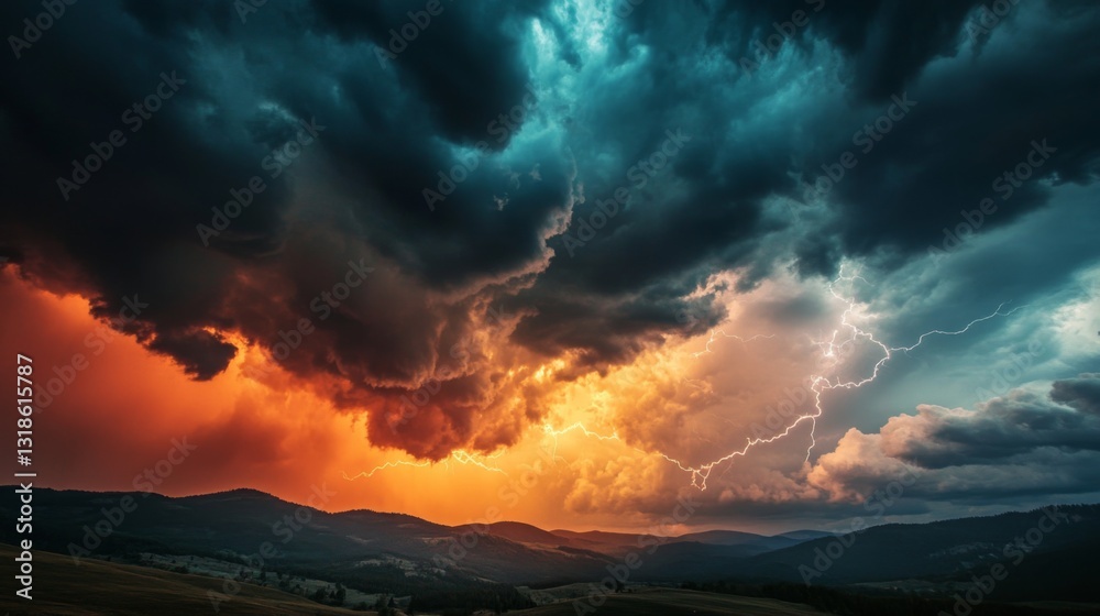 Obraz premium A dramatic storm forming in the distance over a mountain range, with clouds gathering and lightning flashing.
