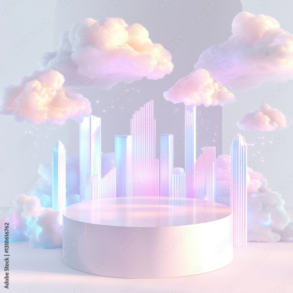 Fototapeta premium Pastel toned podium surrounded by iridescent clouds and futuristic cityscape