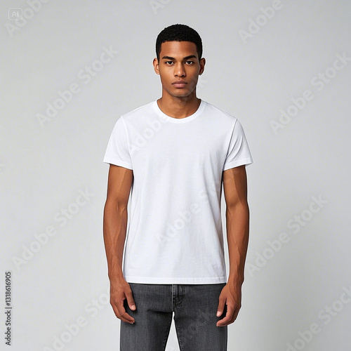 Casual Male in White T-Shirt Posing Against Studio Background