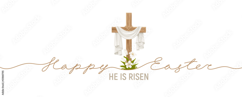 He is risen, Happy Easter greeting card. Cross with shroud and white lily flowers. Religious symbols of Good Friday, Palm Sunday, Easter Sunday. Calligraphy by continuous line. Vector illustration